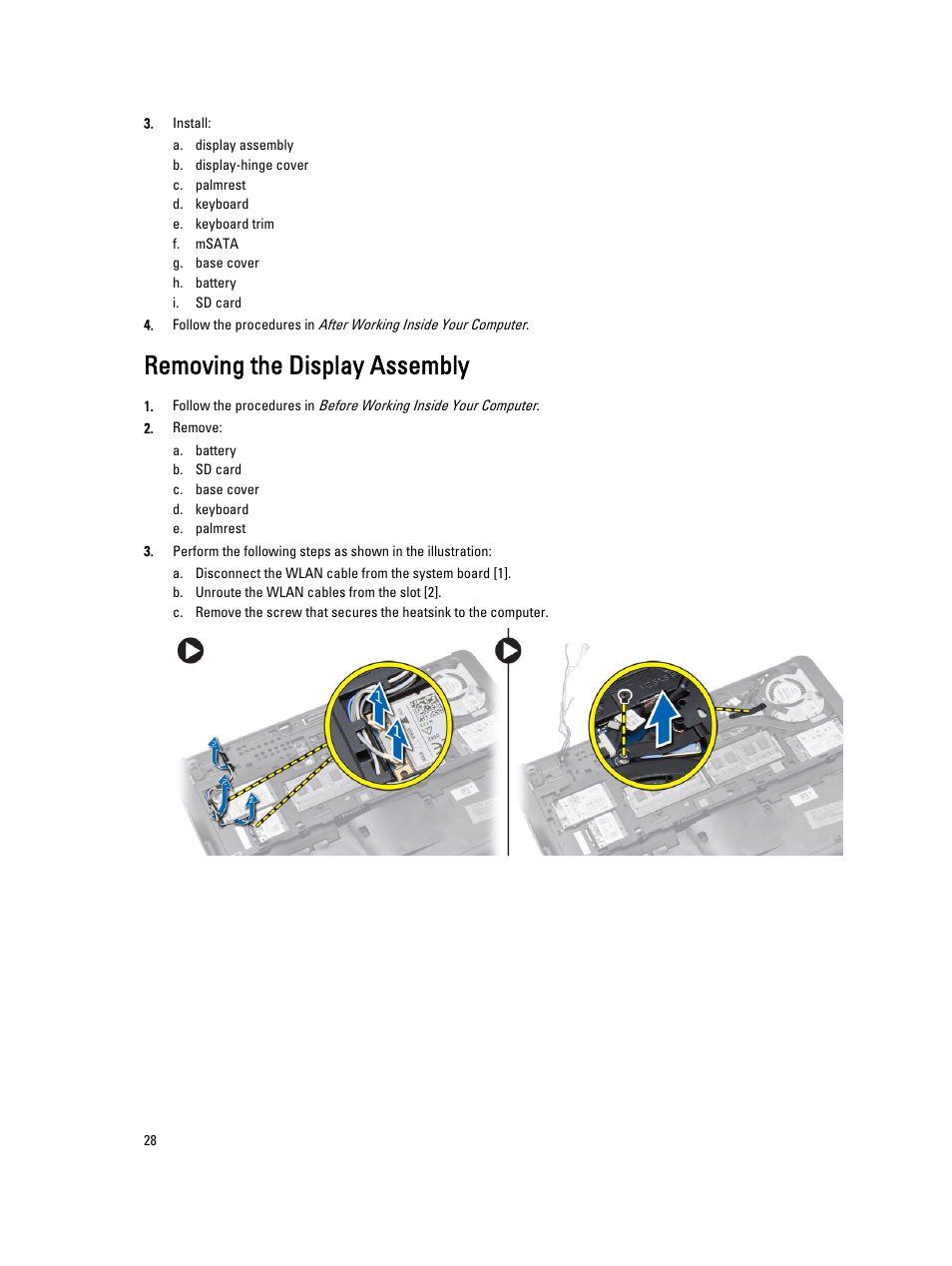 Removing the display assembly | Dell Latitude E7240 (Mid 2013) User Manual | Page 28 / 59