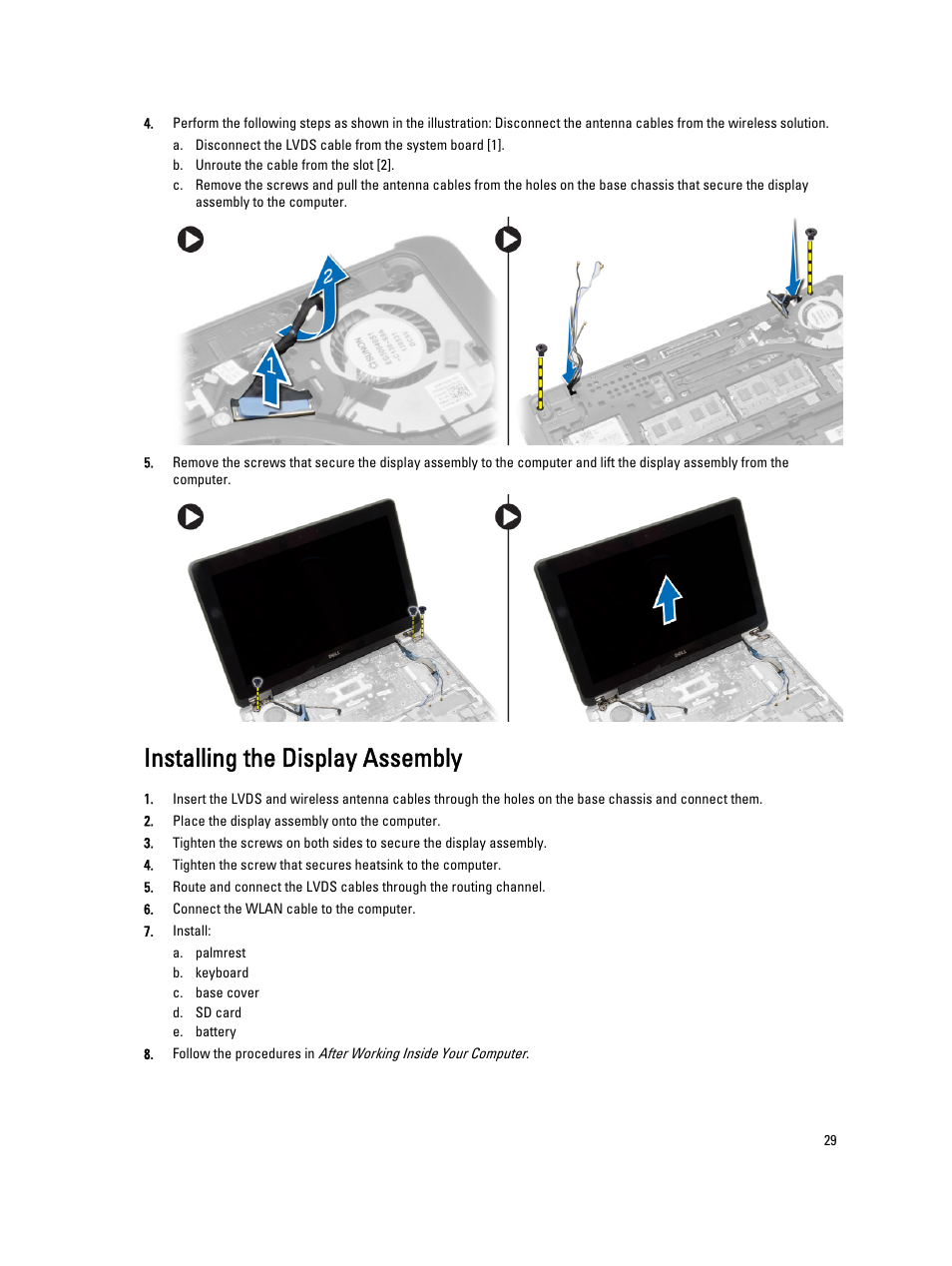 Installing the display assembly | Dell Latitude E7240 (Mid 2013) User Manual | Page 29 / 59