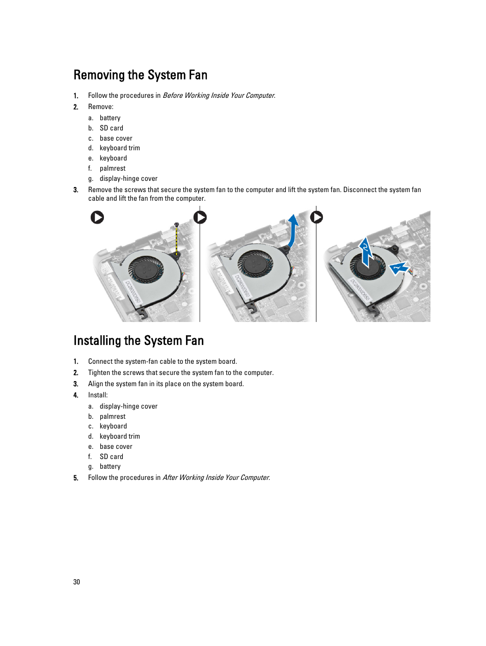 Removing the system fan, Installing the system fan | Dell Latitude E7240 (Mid 2013) User Manual | Page 30 / 59