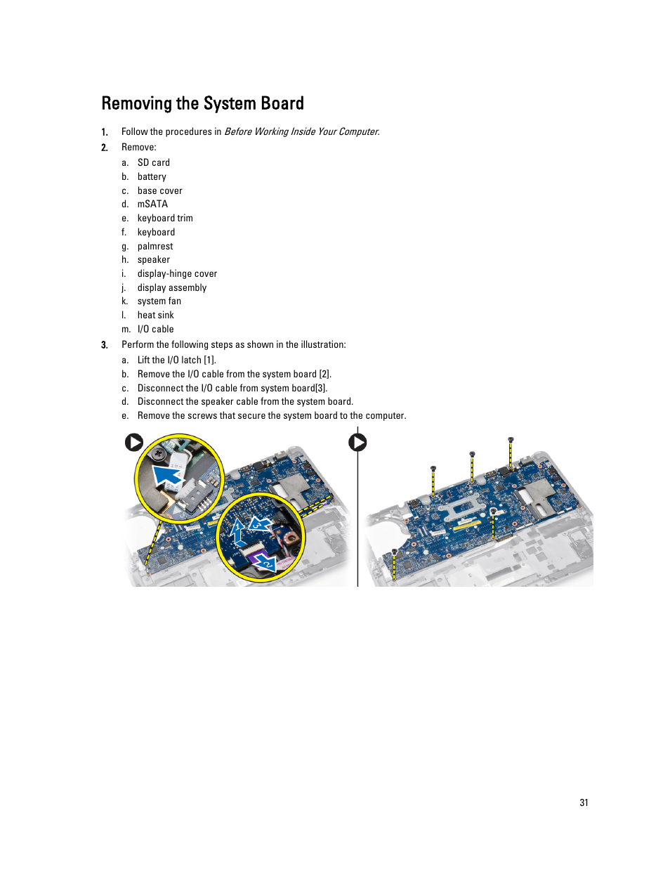 Removing the system board | Dell Latitude E7240 (Mid 2013) User Manual | Page 31 / 59