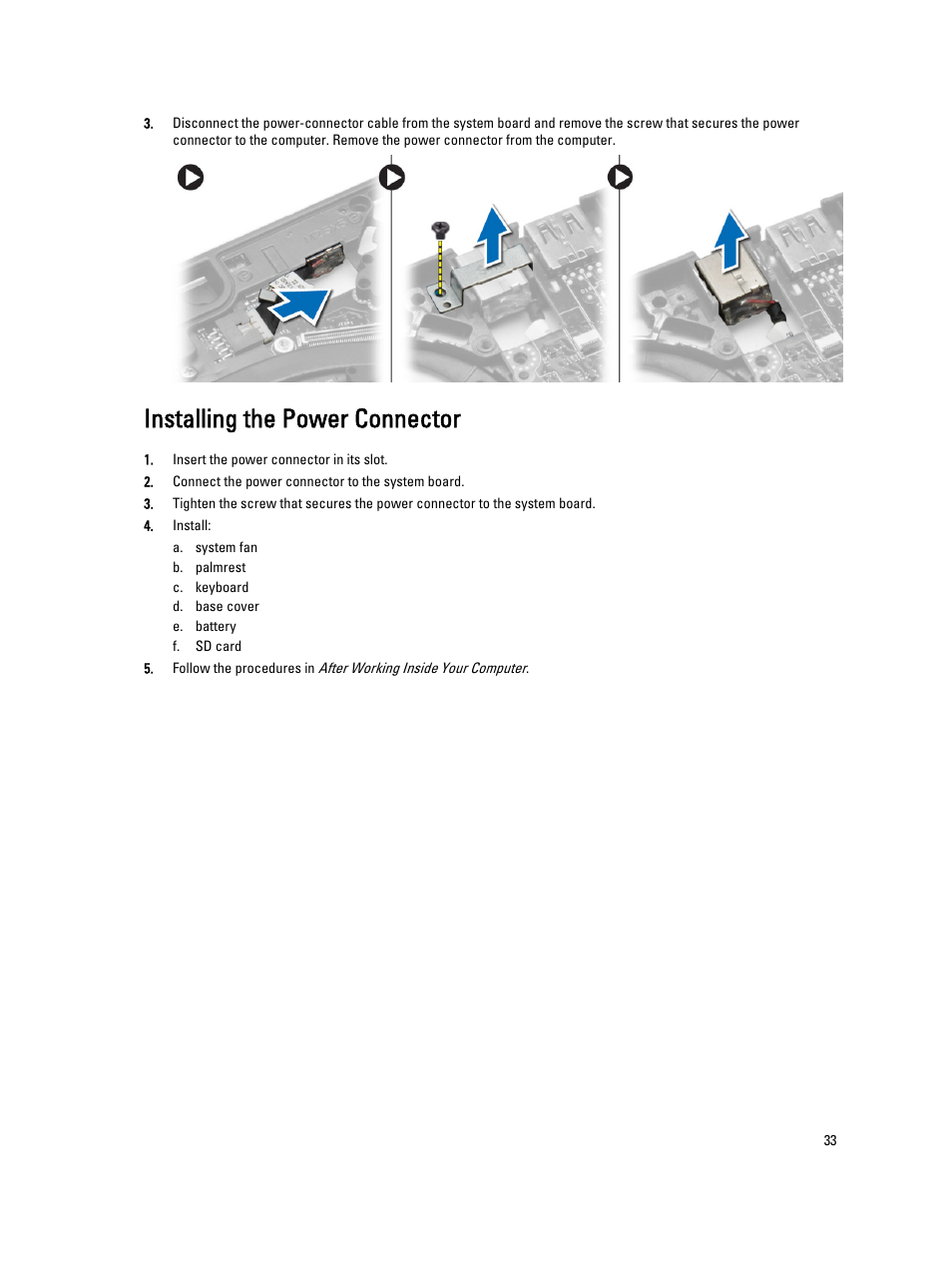 Installing the power connector | Dell Latitude E7240 (Mid 2013) User Manual | Page 33 / 59