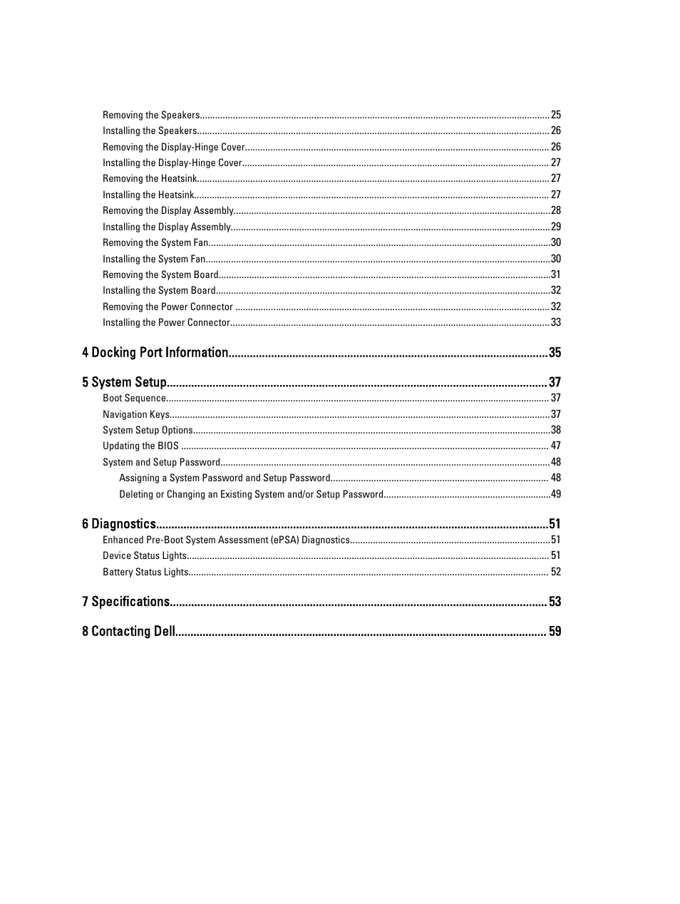 4 docking port information 5 system setup, 6 diagnostics, 7 specifications 8 contacting dell | Dell Latitude E7240 (Mid 2013) User Manual | Page 4 / 59