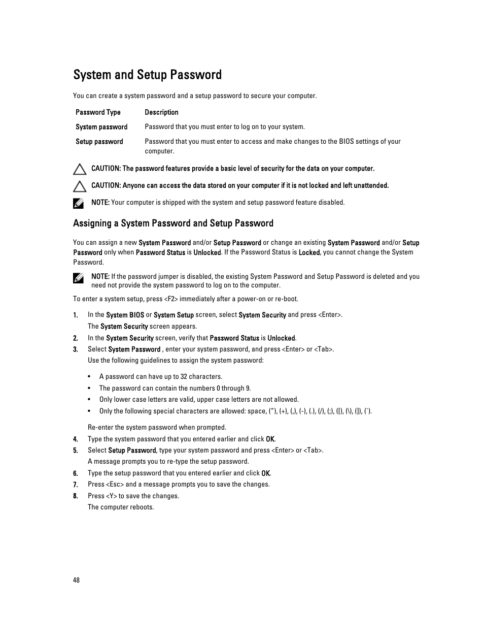 System and setup password, Assigning a system password and setup password | Dell Latitude E7240 (Mid 2013) User Manual | Page 48 / 59