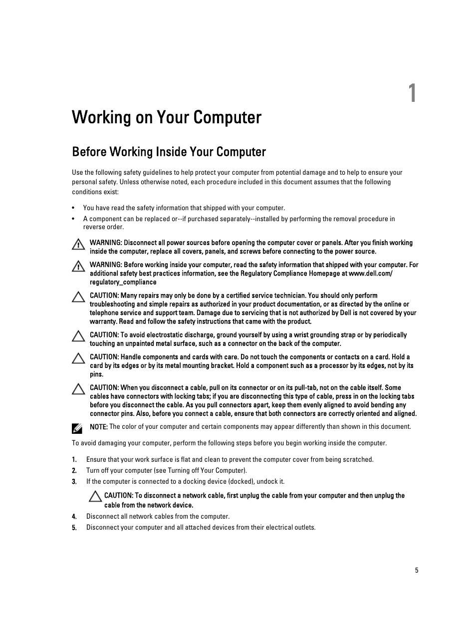 Working on your computer, Before working inside your computer, 1 working on your computer | Dell Latitude E7240 (Mid 2013) User Manual | Page 5 / 59