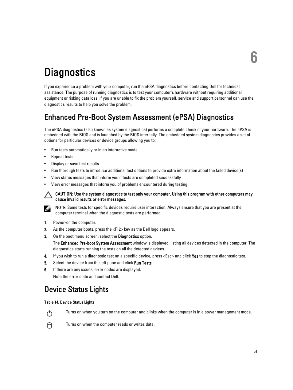 Diagnostics, Device status lights, 6 diagnostics | Dell Latitude E7240 (Mid 2013) User Manual | Page 51 / 59