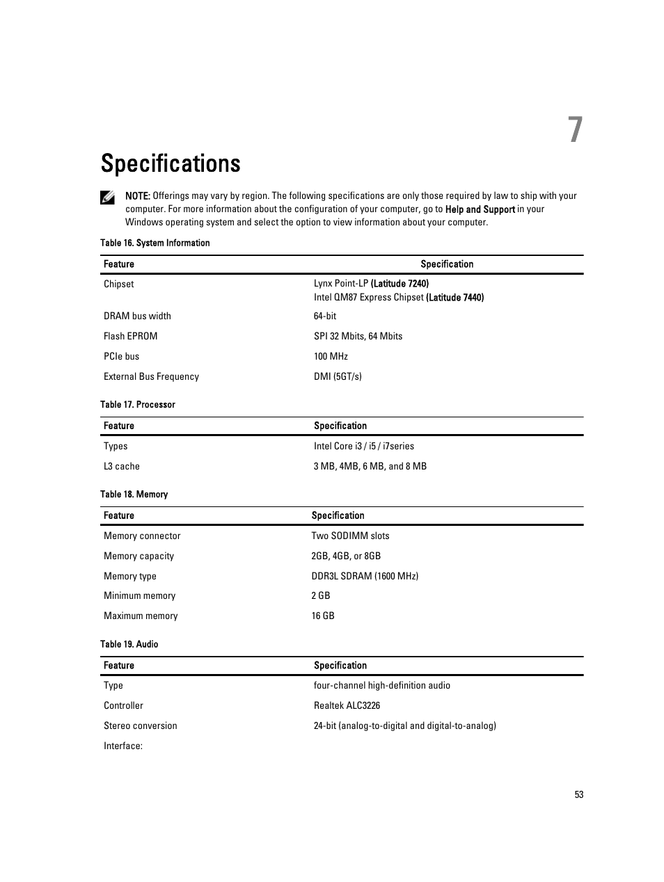 Specifications, 7 specifications | Dell Latitude E7240 (Mid 2013) User Manual | Page 53 / 59