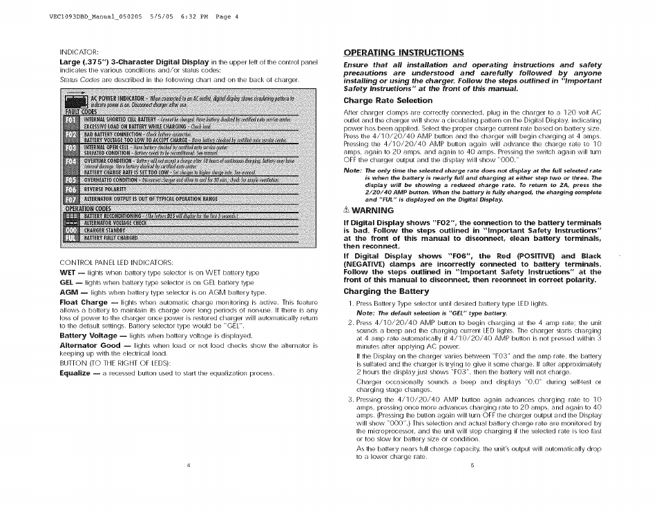 Operating instructions, Charge rate selection, 4s warning | Charging the battery | Black & Decker VEC1093DBD User Manual | Page 5 / 9