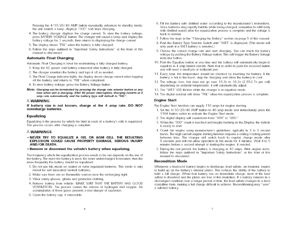 Automatic float charging, Ti/warning, Equalizing | Engine start, Recondition mode | Black & Decker VEC1093DBD User Manual | Page 6 / 9