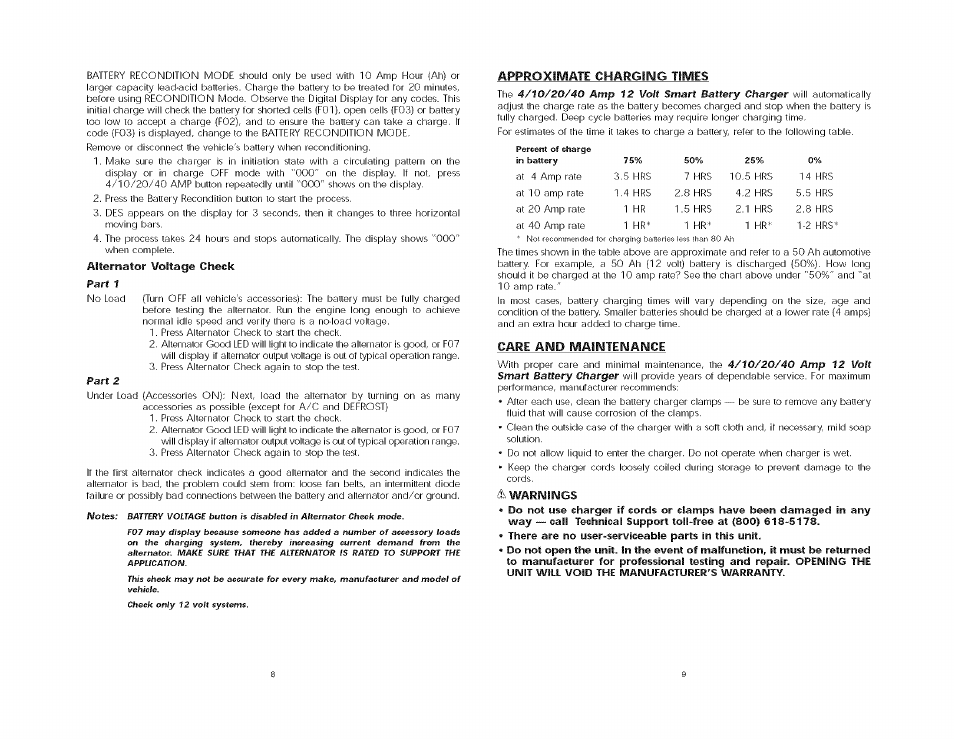 Alternator voltage check, Approximate charging times, Care and maintenance | Dx warnings | Black & Decker VEC1093DBD User Manual | Page 7 / 9