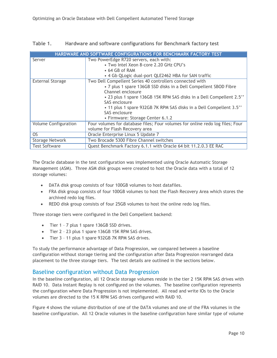 Baseline configuration without data progression, Table 1 | Dell Compellent SC8000 Controller User Manual | Page 13 / 22