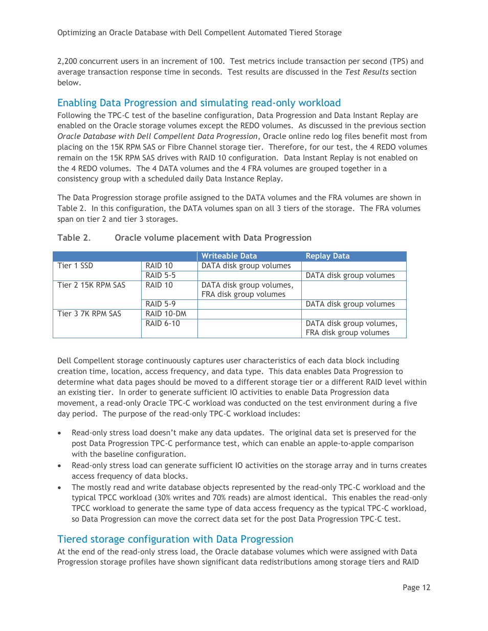 Tiered storage configuration with data progression, Table 2, Oracle volume placement with data progression | Dell Compellent SC8000 Controller User Manual | Page 15 / 22