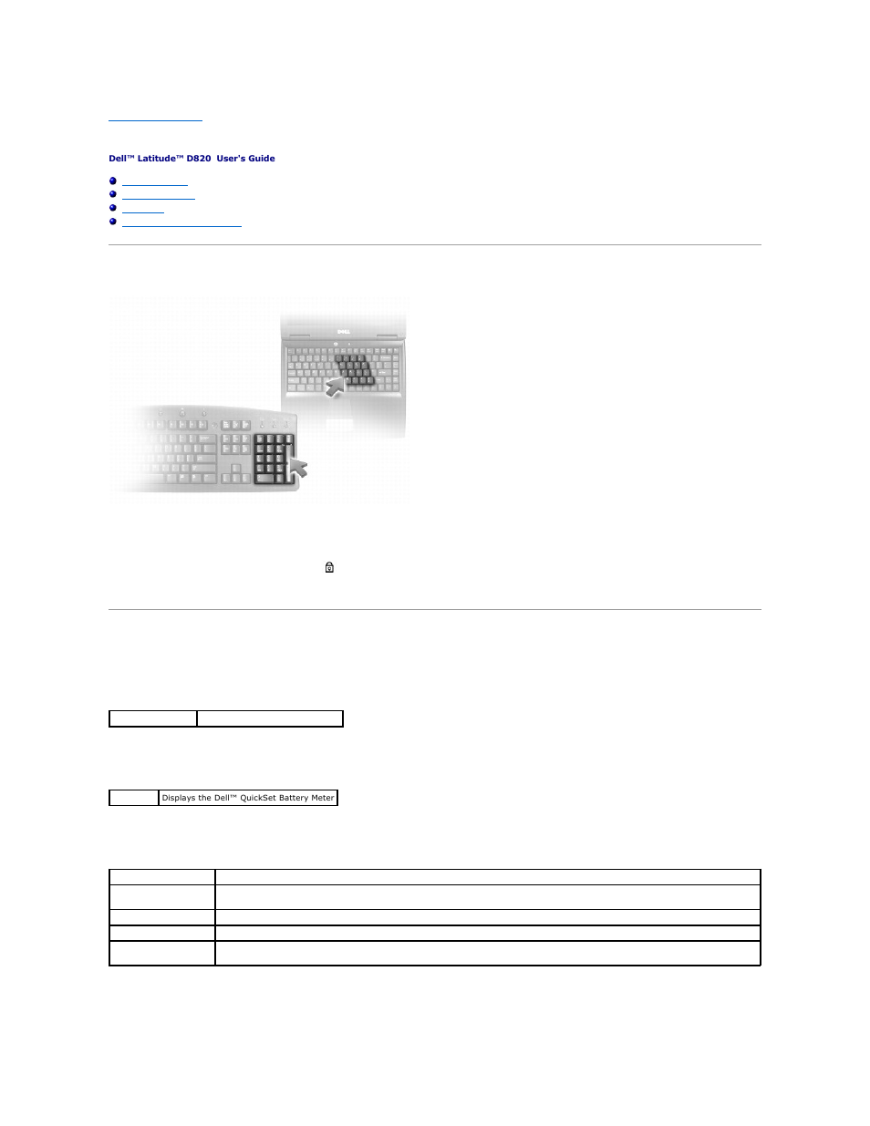 Using the keyboard, Numeric keypad, Key combinations | System functions, Battery, Display functions, Power management | Dell Latitude D820 User Manual | Page 43 / 102