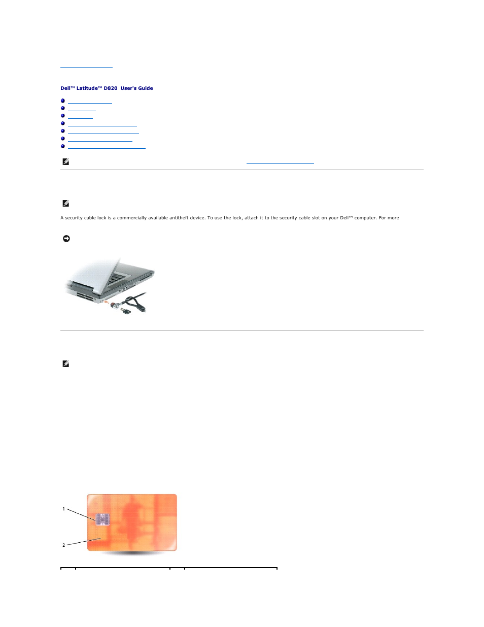 Securing your computer, Security cable lock, Smart cards | About smart cards, Installing a smart card | Dell Latitude D820 User Manual | Page 67 / 102