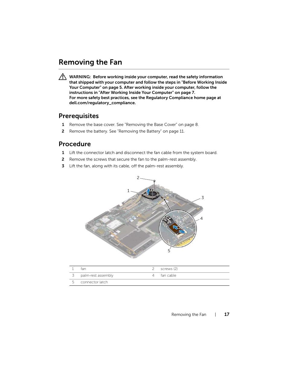 Removing the fan, Prerequisites, Procedure | Dell XPS 11 (9P33, Late 2013) User Manual | Page 17 / 34