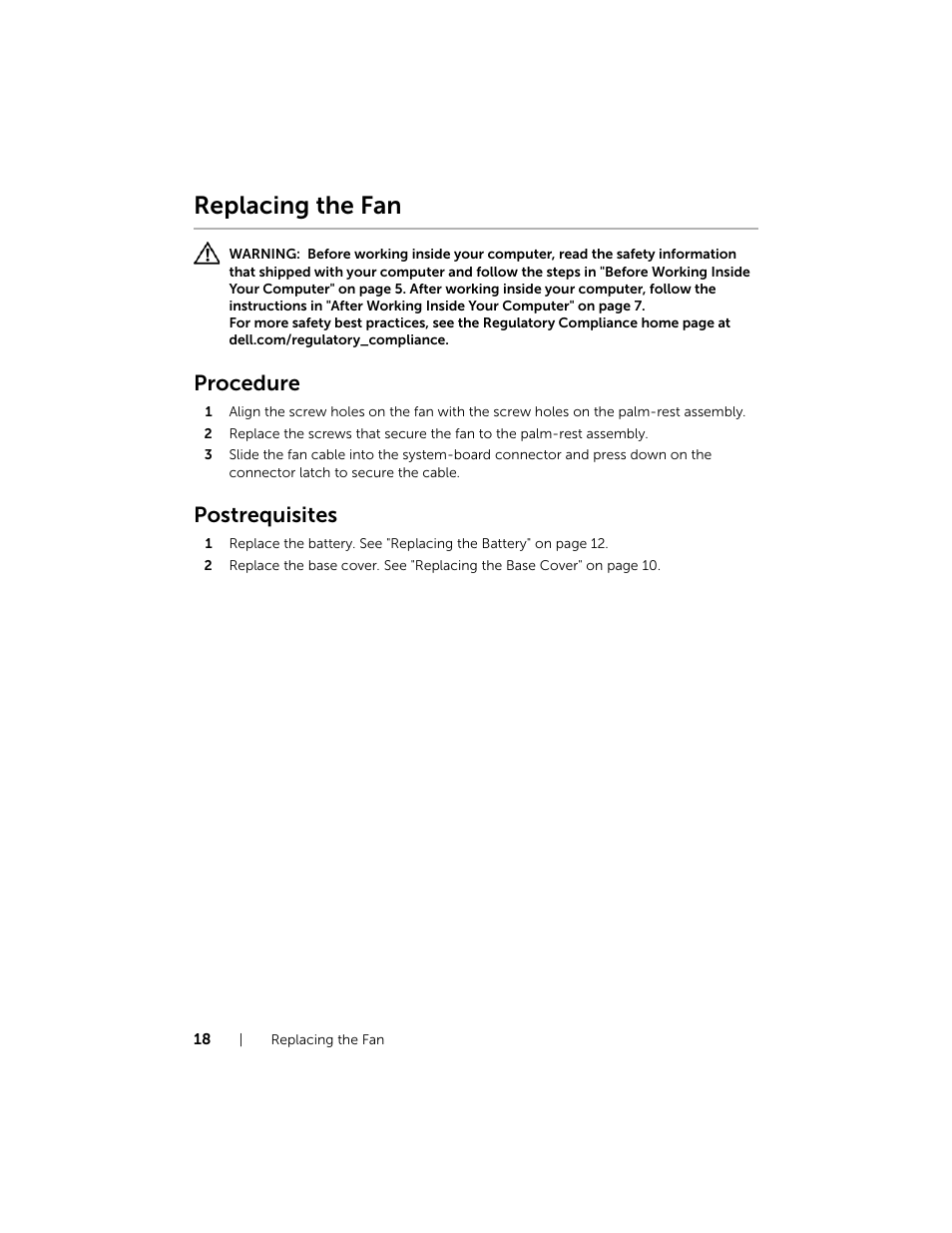 Replacing the fan, Procedure, Postrequisites | Dell XPS 11 (9P33, Late 2013) User Manual | Page 18 / 34