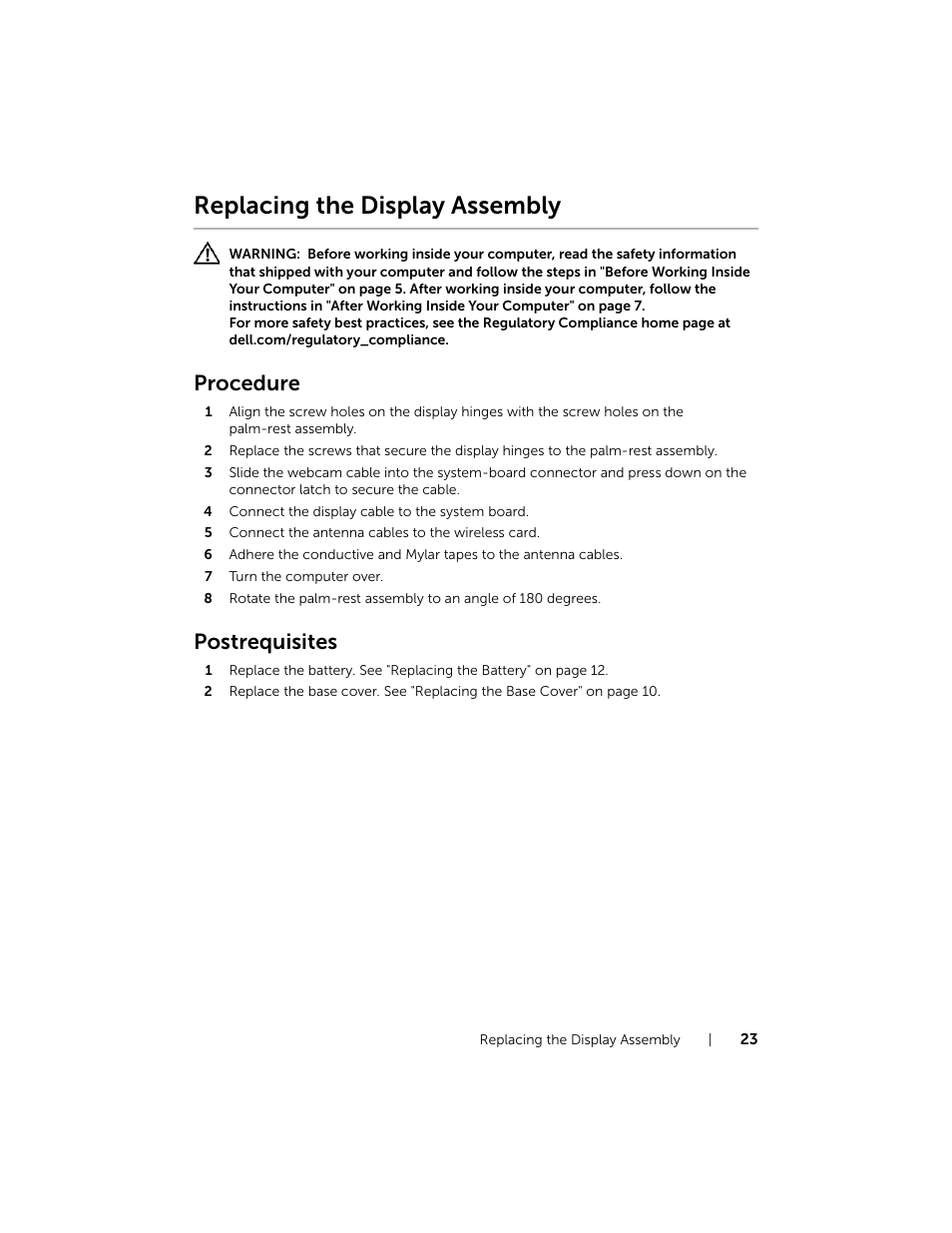 Replacing the display assembly, Procedure, Postrequisites | Dell XPS 11 (9P33, Late 2013) User Manual | Page 23 / 34