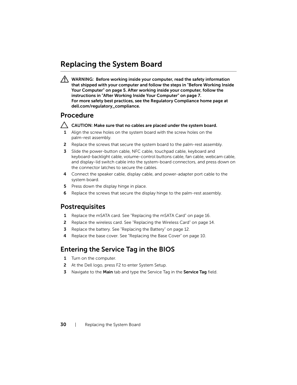 Replacing the system board, Procedure, Postrequisites | Entering the service tag in the bios | Dell XPS 11 (9P33, Late 2013) User Manual | Page 30 / 34