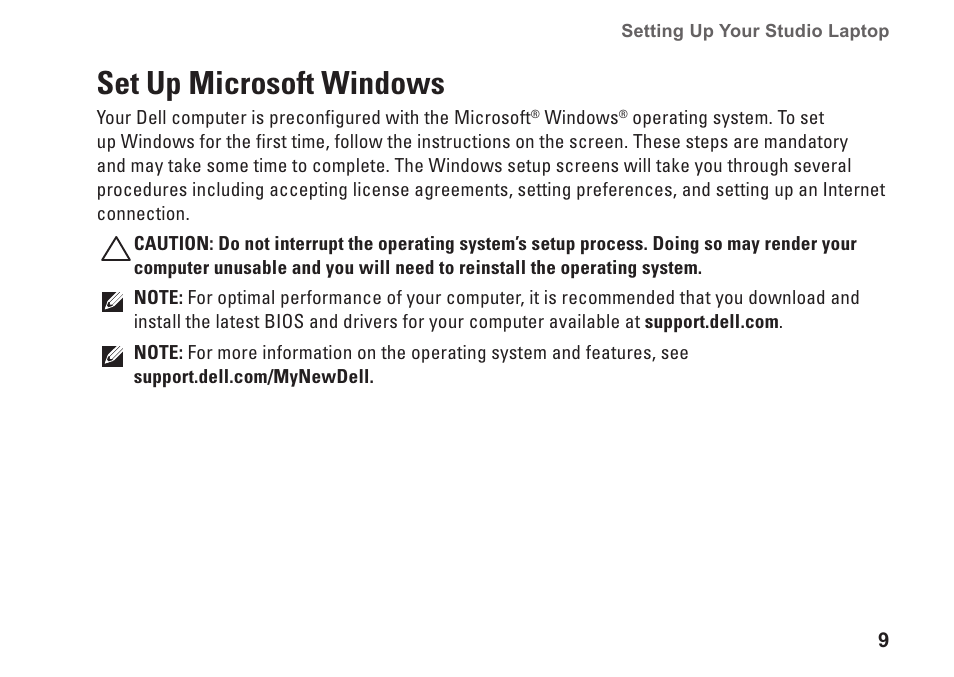 Set up microsoft windows | Dell Studio 1569 (Late 2009) User Manual | Page 11 / 90