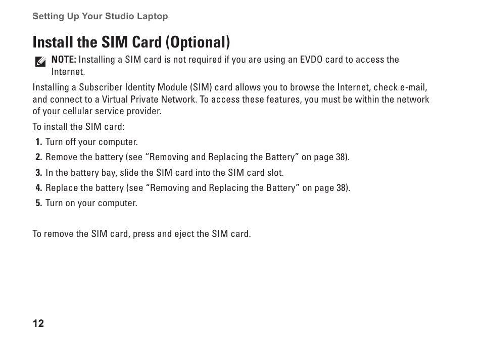 Install the sim card (optional) | Dell Studio 1569 (Late 2009) User Manual | Page 14 / 90