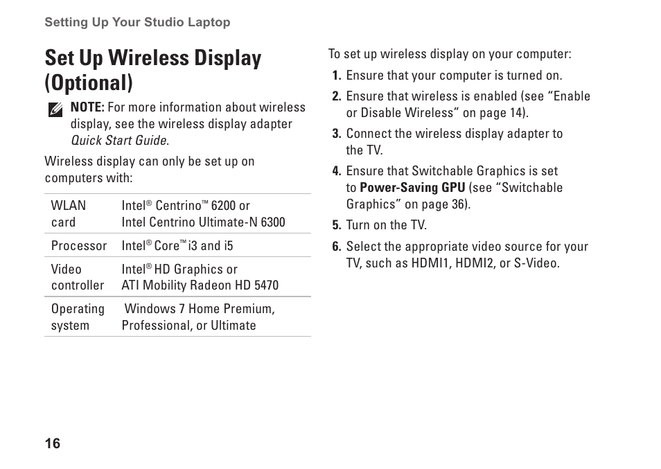 Set up wireless display (optional) | Dell Studio 1569 (Late 2009) User Manual | Page 18 / 90