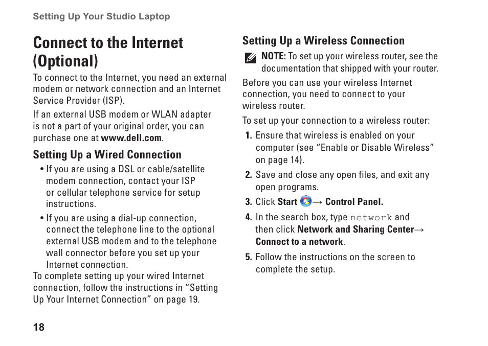 Connect to the internet (optional) | Dell Studio 1569 (Late 2009) User Manual | Page 20 / 90