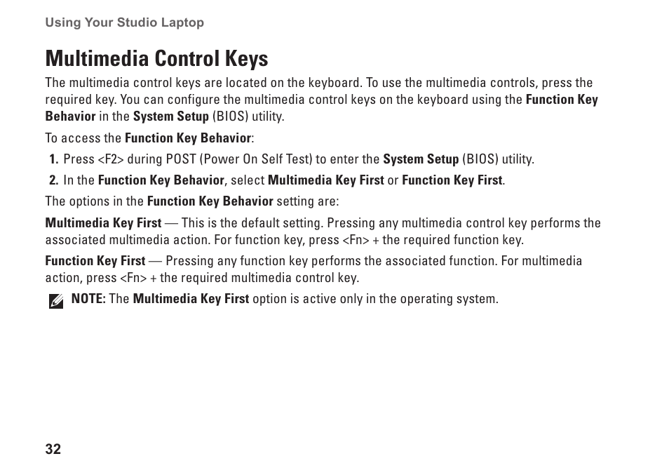 Multimedia control keys | Dell Studio 1569 (Late 2009) User Manual | Page 34 / 90