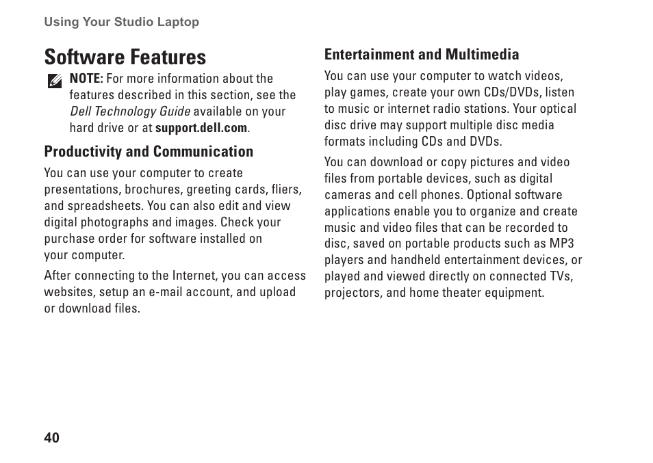 Software features | Dell Studio 1569 (Late 2009) User Manual | Page 42 / 90