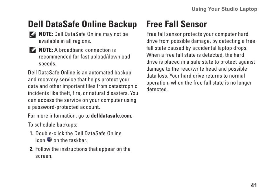 Dell datasafe online backup, Free fall sensor, Dell datasafe online backup free fall sensor | Dell Studio 1569 (Late 2009) User Manual | Page 43 / 90