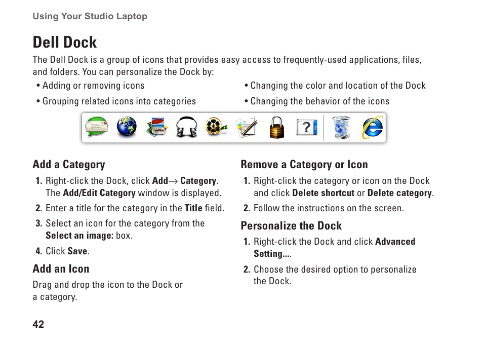 Dell dock | Dell Studio 1569 (Late 2009) User Manual | Page 44 / 90