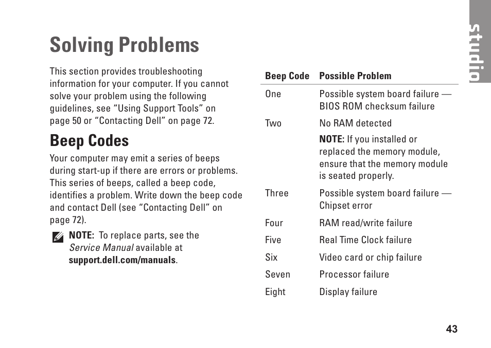 Solving problems, Beep codes | Dell Studio 1569 (Late 2009) User Manual | Page 45 / 90