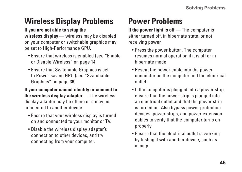 Wireless display problems, Power problems | Dell Studio 1569 (Late 2009) User Manual | Page 47 / 90