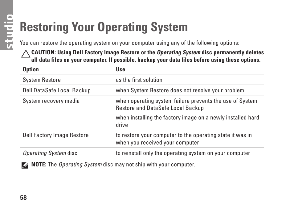 Restoring your operating system | Dell Studio 1569 (Late 2009) User Manual | Page 60 / 90