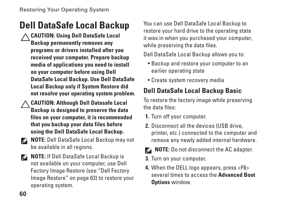 Dell datasafe local backup | Dell Studio 1569 (Late 2009) User Manual | Page 62 / 90