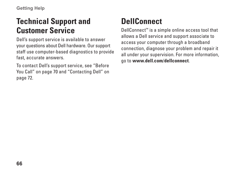 Technical support and customer service, Dellconnect, Technical support and customer | Service dellconnect | Dell Studio 1569 (Late 2009) User Manual | Page 68 / 90