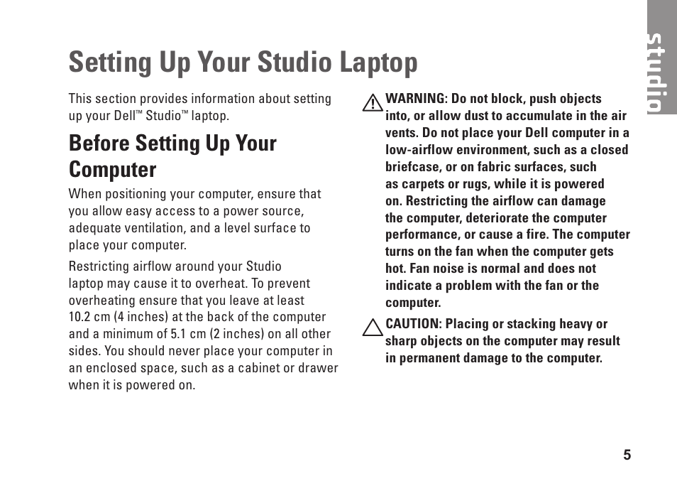 Setting up your studio laptop, Before setting up your computer | Dell Studio 1569 (Late 2009) User Manual | Page 7 / 90