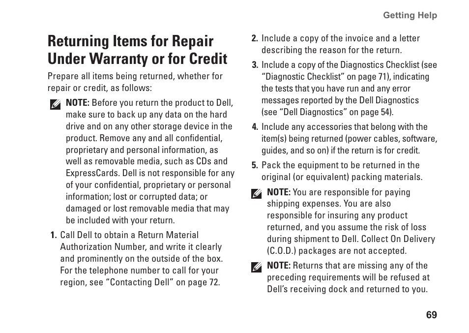 Returning items for repair under, Warranty or for credit | Dell Studio 1569 (Late 2009) User Manual | Page 71 / 90