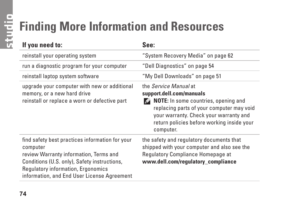 Finding more information and resources, Finding more information and, Resources | Dell Studio 1569 (Late 2009) User Manual | Page 76 / 90