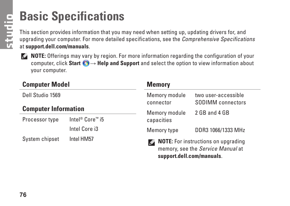 Basic specifications | Dell Studio 1569 (Late 2009) User Manual | Page 78 / 90