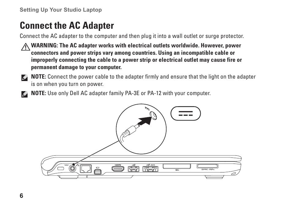 Connect the ac adapter | Dell Studio 1569 (Late 2009) User Manual | Page 8 / 90