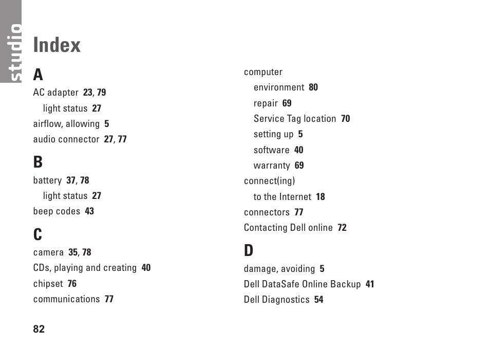 Index | Dell Studio 1569 (Late 2009) User Manual | Page 84 / 90
