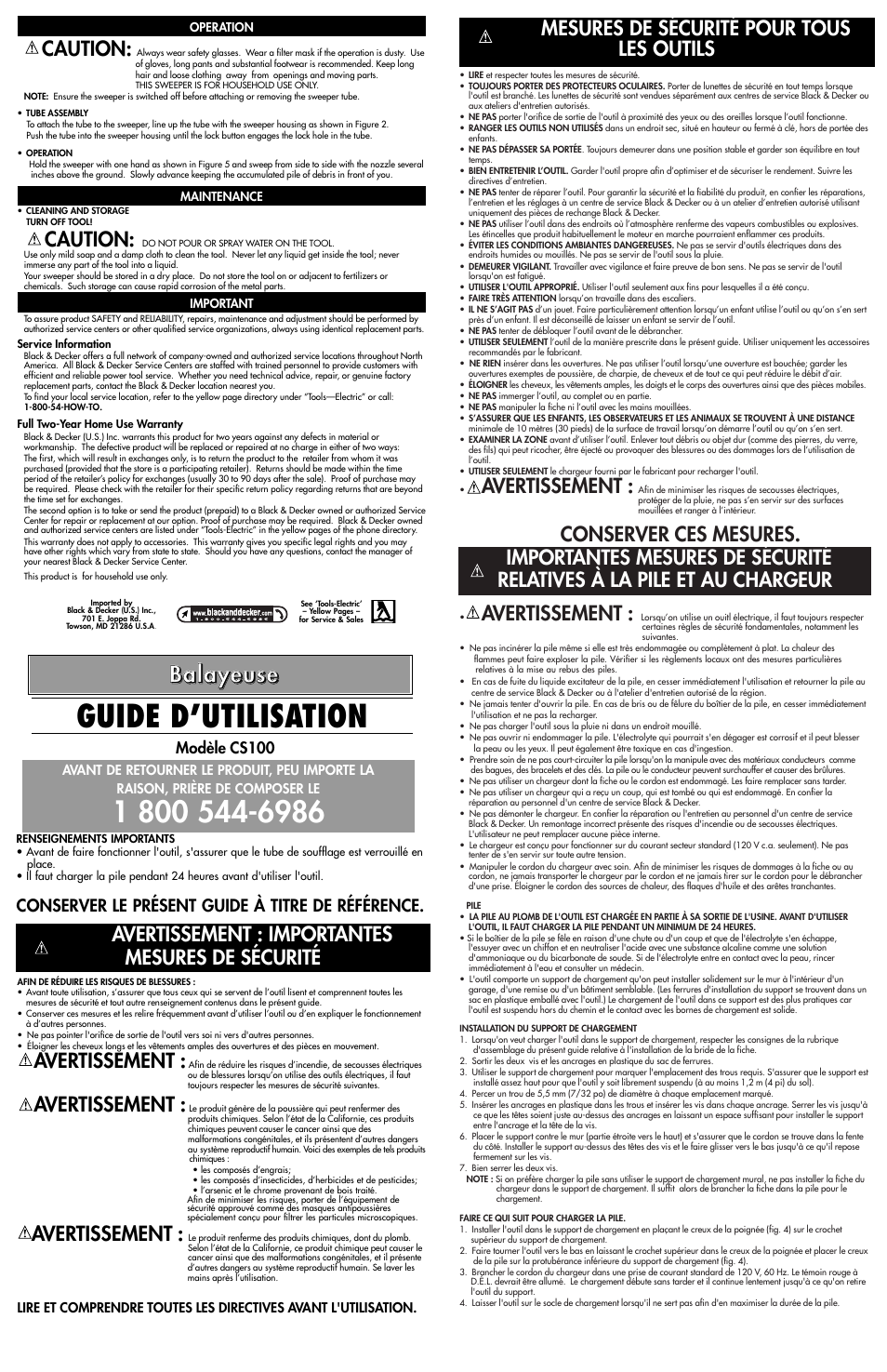 Guide d’utilisation, Avertissement, Conserver ces mesures | Caution, Conserver le présent guide à titre de référence, Modèle cs100 | Black & Decker CS100 User Manual | Page 2 / 4