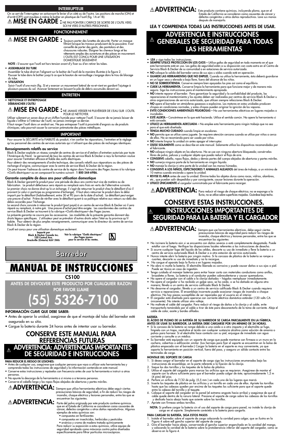 Manual de instrucciones, Mise en garde, Advertencia | Conserve estas instrucciones. advertencia, Conserve este manual para referencias futuras, Cs100 | Black & Decker CS100 User Manual | Page 3 / 4