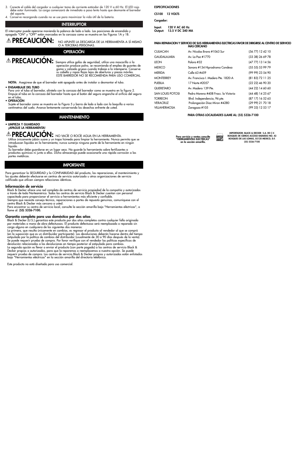 Precaución, Interruptor, Operación mantenimiento importante | Black & Decker CS100 User Manual | Page 4 / 4