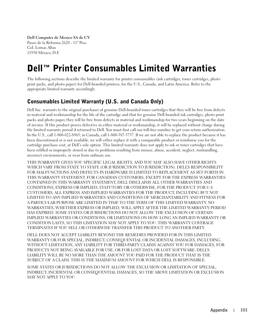 Dell™ printer consumables limited warranties | Dell 1710/n Mono Laser Printer User Manual | Page 101 / 108