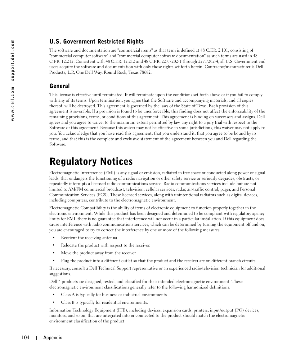 Regulatory notices, U.s. government restricted rights, General | Dell 1710/n Mono Laser Printer User Manual | Page 104 / 108