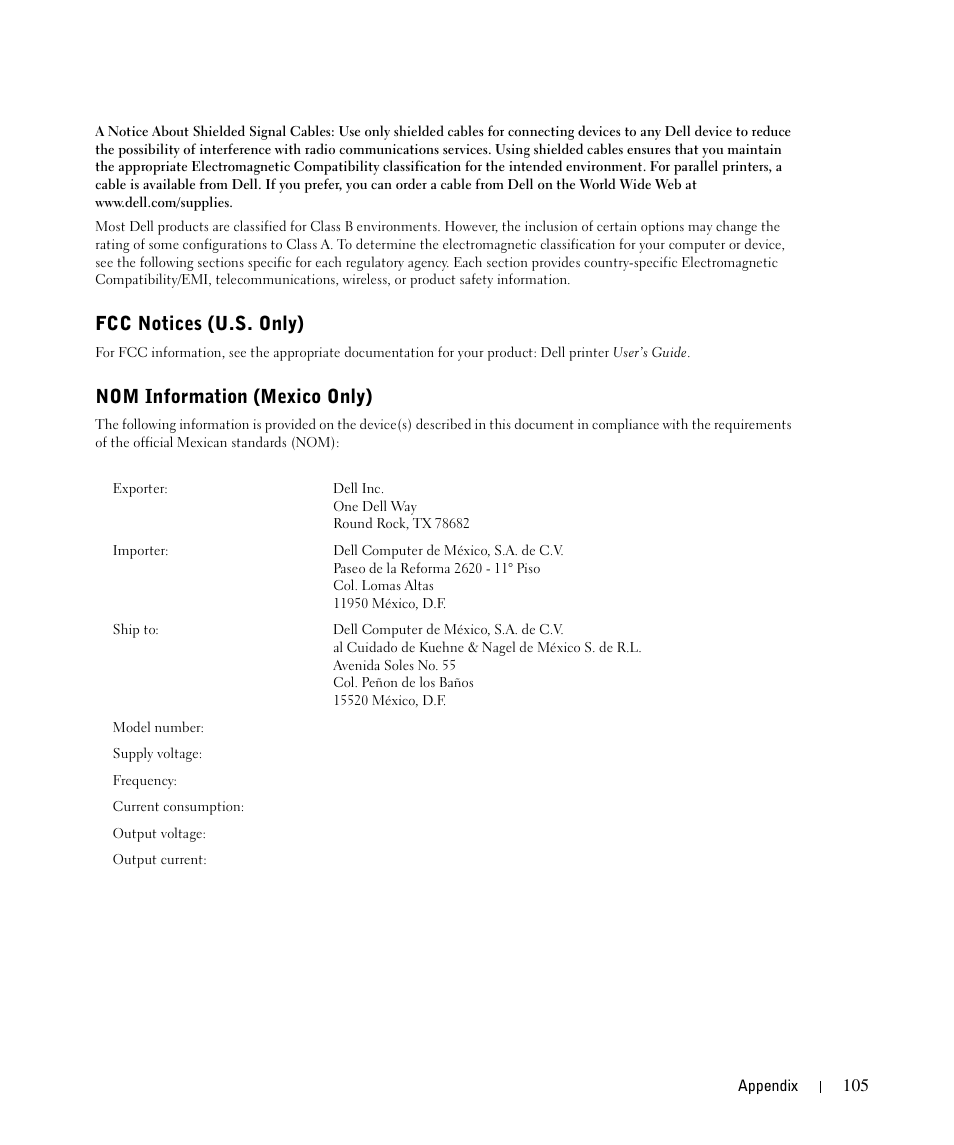 Fcc notices (u.s. only), Nom information (mexico only) | Dell 1710/n Mono Laser Printer User Manual | Page 105 / 108