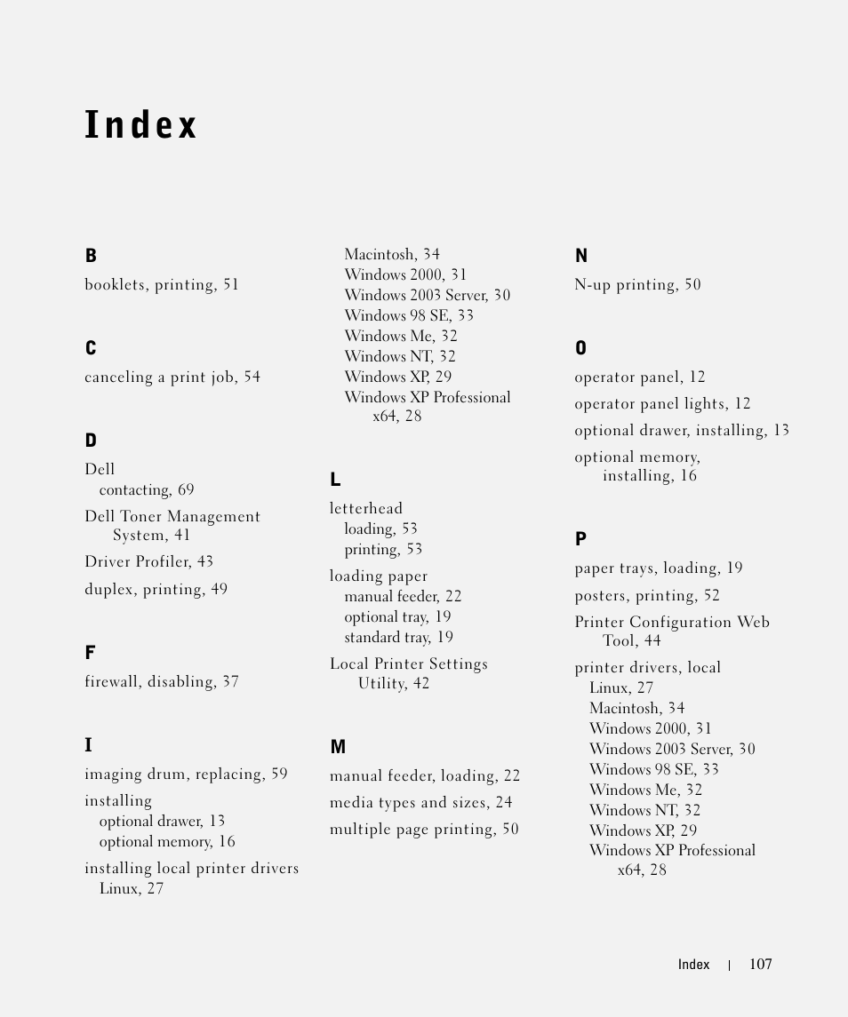 Index | Dell 1710/n Mono Laser Printer User Manual | Page 107 / 108