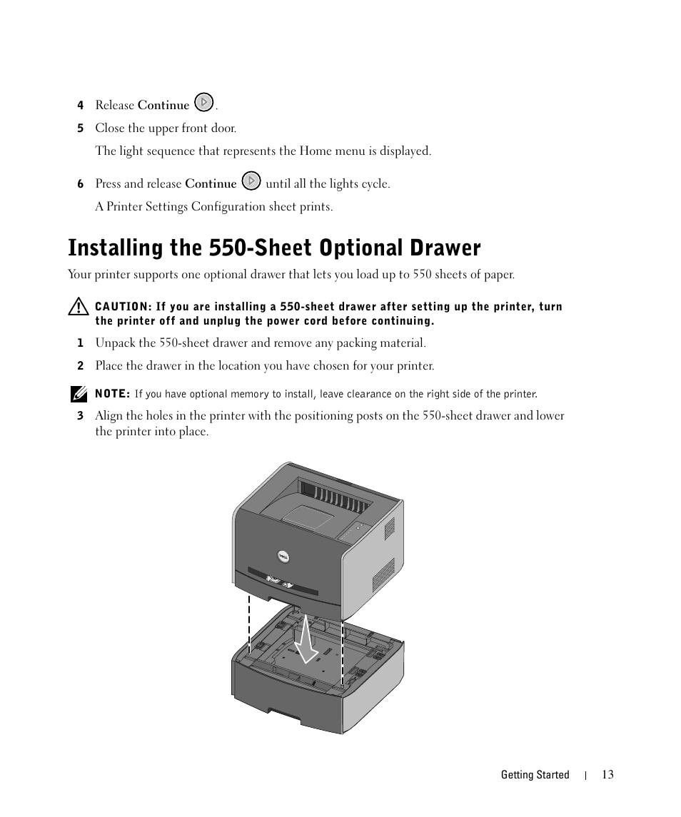 Installing the 550-sheet optional drawer | Dell 1710/n Mono Laser Printer User Manual | Page 13 / 108