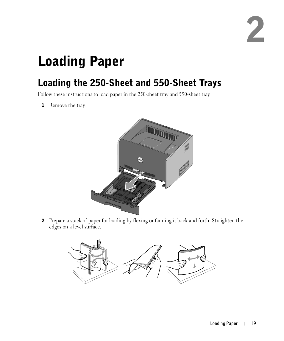 Loading paper, Loading the 250-sheet and 550-sheet trays | Dell 1710/n Mono Laser Printer User Manual | Page 19 / 108