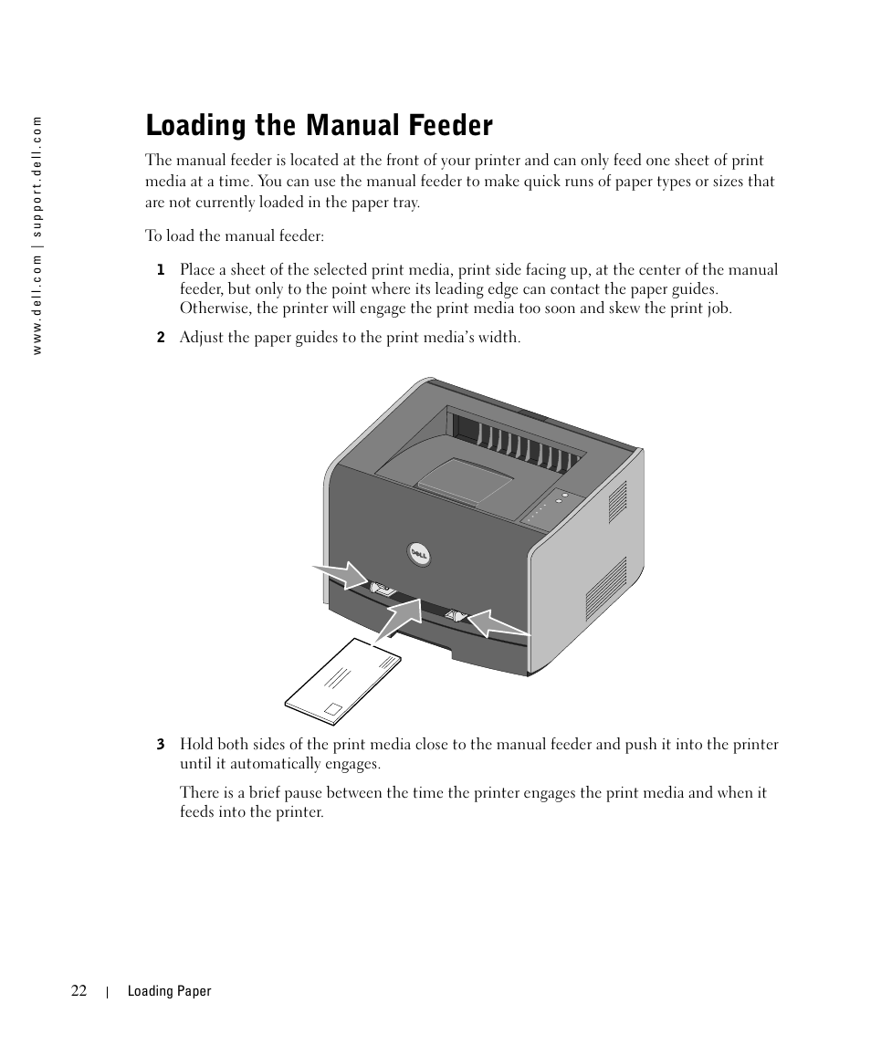 Loading the manual feeder | Dell 1710/n Mono Laser Printer User Manual | Page 22 / 108